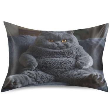 Imagem de Fronha de cetim cinza Chubby British Shorthair para resfriamento de cabelo King Queen Standard Pillow Slip Luxuoso macio para cama, tamanho Queen, 76 cm x 50 cm