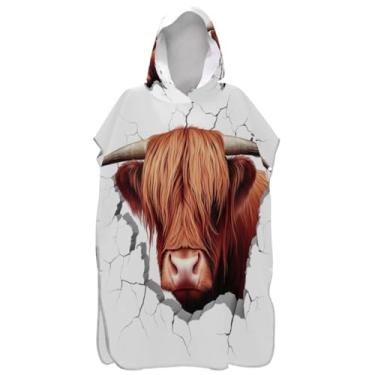 Imagem de Joisal Roupão branco de vaca marrom Highland para adultos, poncho de surfe, toalha de banho com capuz de praia de secagem rápida, ponchos femininos com capuz