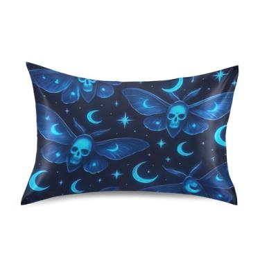 Imagem de Fronhas de cetim azul caveira mariposas góticas estéticas para decoração de cama de resfriamento de cabelo fronha personalizada King Queen padrão fronhas tamanho padrão 66 cm x 50 cm
