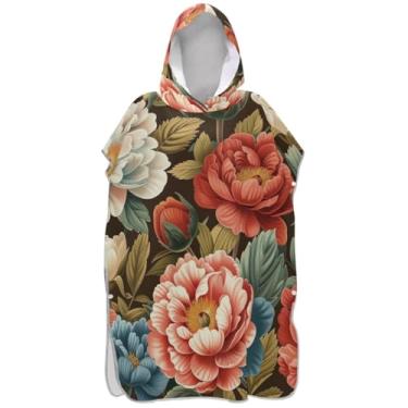 Imagem de Joisal Roupão de mudança de poncho de surfe para adultos toalhas de banho com capuz de secagem rápida poncho masculino com capuz vintage peônia marrom