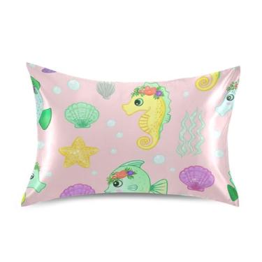 Imagem de Fronhas refrescantes estampadas criaturas marinhas fofas desenho animado cetim luxo padrão queen king fronhas para casa cama sofá king size 101,6 cm x 50,8 cm