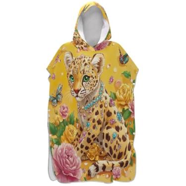 Imagem de Joisal Poncho de surfe trocador de roupão para adultos toalhas de banho com capuz leve fofo flor leopardo dourado ponchos de praia para homens