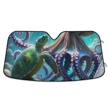 Imagem de Toldo de sol personalizado de animais marinhos tartaruga azul-petróleo para para-brisa de carro, engraçado, dobrável, para janelas dianteiras automotivo M, 139,7 cm x 70,1 cm