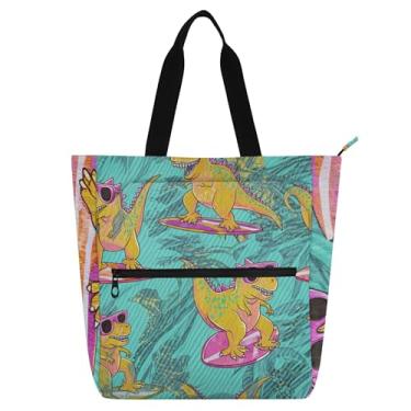 Imagem de GAIGEO Sacolas femininas engraçadas de desenho animado dinossauro surfe para trabalho lona zíper bolsa de praia bolsa carteiro amantes de livros