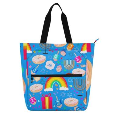 Imagem de GAIGEO Hanukkah Symbols Menorahs Bolsas femininas para trabalho lona praia livro bolsa zíper bolsas carteiro amantes de livros