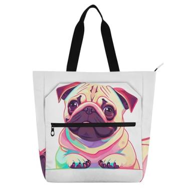 Imagem de GAIGEO Sacolas femininas fofas de trabalho com arte pop de cachorro pug com zíper, bolsa de praia, presente para professores de livros