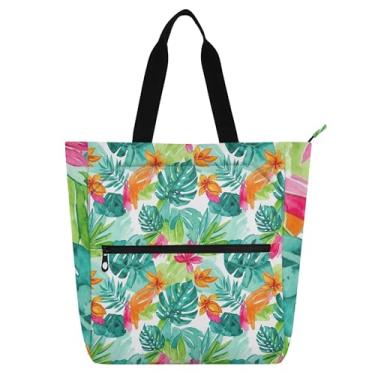 Imagem de GAIGEO Sacola feminina de trabalho com folhas tropicais de lona com zíper, bolsa de praia para professores, presente para amantes de livros