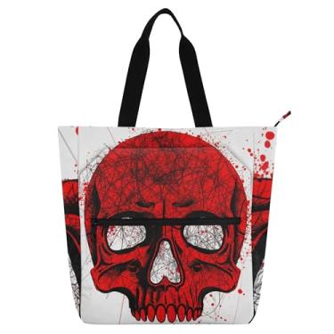 Imagem de GAIGEO Bolsa feminina de caveira vermelha legal para trabalho, lona, praia, escola, bolsa de tecido com compartimentos