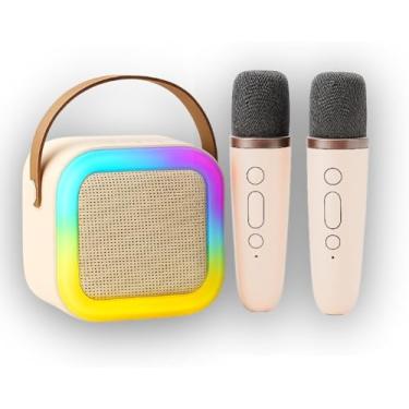 Imagem de Karaokê Infantil Portátil com LED, Caixa de Som Bluetooth, 2 Microfones Sem Fio, Recarregável, Modos de Voz Divertidos (Bege)