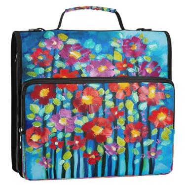 Imagem de Fichários de arte de flores coloridas de 3 cm com 3 anéis resistentes com zíper e alça de ombro para impressão escolar, vários bolsos, pasta de portfólio grande