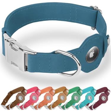 Imagem de BUDKAS Coleira de couro para cães com suporte de Airtag - Coleira macia ajustável para cães com fivela de metal - Rastreamento GPS Apple Air Tag Coleira para cães pequenos e grandes (azul escuro, M