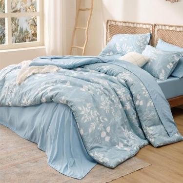 Imagem de Conjunto de edredom Bedsure Sky Blue King com 7 peças de design floral