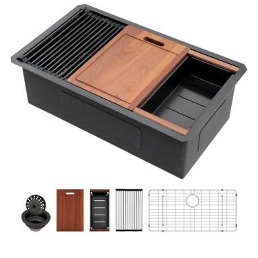 Imagem de Sarlai Estação de trabalho para pia de cozinha 30 preto fosco - pias de cozinha 76 x 45 cm com borda NANO-Tech canto redondo calibre 16 bacia de pia única de aço inoxidável