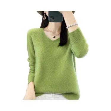 Imagem de Suéter Feminino De Lã Merino E Cashmere Com Decote Em V, Manga Longa, 