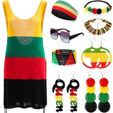 Imagem de Bokon Conjunto de 9 peças de acessórios femininos africanos jamaicanos, brincos de turbante rasta, pulseira, colar, óculos de sol para Juneteeth, Cores brilhantes misturadas preto, vermelho, amarelo e