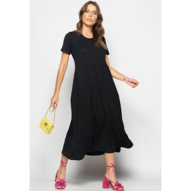 Imagem de Vestido Midi Manga Curta Com Babado Preto Salvatore, P