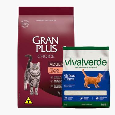 Imagem de Ração Gran Plus Gatos Choice Frango E Carne 10,1Kg + Areia Viva Verde 4kg