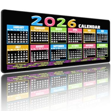 Imagem de Mouse pad calendário 2026, tapete de mesa grande estendido com um relance anual, base de borracha antiderrapante à prova d'água, 81,5 x 31,8 polegadas, preto com visor mensal colorido