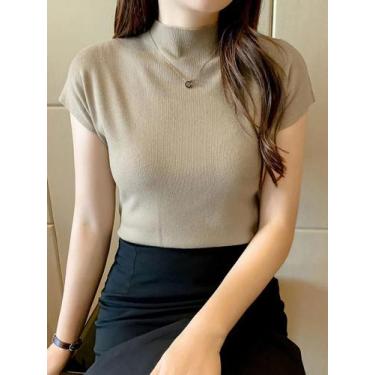 Imagem de Camisetas De Verão Femininas De Tricô Com Gola Alta Sem Mangas Ajustad