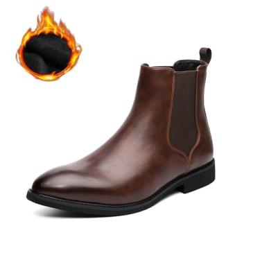 Imagem de Chelsea Botas masculinas casuais confortáveis de cano médio sem cadarço de couro PU polido, Pele marrom, 43 BR