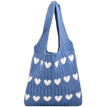 Imagem de YISHATIER Sacolas femininas de crochê Boho Bolsas Tote em forma de coração Bolsas de praia de malha de férias estética casual amor Hobo Bags, Azul