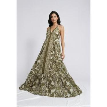 Imagem de Vestido Boho Chic Longo Indiano Verde Militar Feminino Estampado Confortável Elegante-Feminino