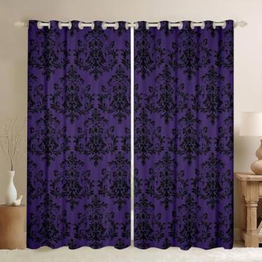 Imagem de Cortina de damasco roxo preto para quarto, cortina de janela estilo boho barroco vitoriano antigo para meninas adolescentes, decoração vintage gótica de renda floral decoração microfibra tratamento de