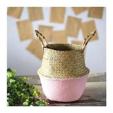 Imagem de Vaso de flores, cesta de armazenamento de bambu, vasos decorativos dobráveis, retalhos, tecido verde, arranjo de plantas, vasos de flores, minimalista, cesta, decoração, plantador (rosa)