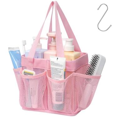 Imagem de F-color Suporte de chuveiro de malha portátil – 8 bolsos essenciais para dormitório para meninos e meninas com gancho S, bolsa de chuveiro, bolsa de banho, acampamento universitário, banheiro, rosa