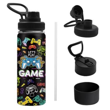 Imagem de TNASURHUS Garrafa de água de jogo para homens e mulheres, copo isolado de aço inoxidável com 2 tampas e alça, bota de silicone antiderrapante, garrafa reutilizável à prova de vazamento de 510 g para