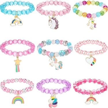 Imagem de Hicarer 9 peças de pulseiras coloridas de unicórnio para meninas pulseiras de unicórnio arco-íris unicórnio com contas para lembranças de festa de aniversário (estilo fresco)