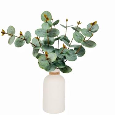 Imagem de Avoik Plantas artificiais ramo de eucalipto em vaso, 35,5 cm de plantas falsas hastes de vegetação folhas ramos com vaso de cerâmica caules de eucalipto falso para casa, escritório, fazenda, mesa de