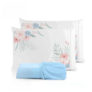 Imagem de Kit Jogo De Cama Lençol Liso Fronha Estampada Micropercal 400 Fios Ponto Palito(Flor Rosê Lençol Azul,Casal Queen 03 Peças)