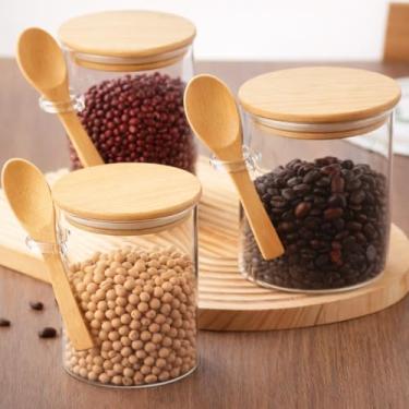 Imagem de Potes de Vidro com Tampa de Bambu e Colher, Kit com 3 Unidades, Recipientes Herméticos para Armazenamento de Alimentos