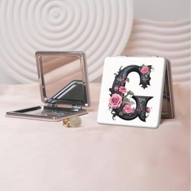 Imagem de Espelho de maquiagem portátil de couro PU retrô europeu com letras florais, mini espelho dobrável de mão dupla face, quadrado para retoque, presente ideal para todas as ocasiões