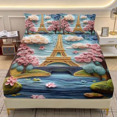 Imagem de AILONEN Jogo de lençol casal, Torre Eiffel dourada, temática de Paris, bolso profundo e 2 fronhas, Torre Eiffel romântica de arte abstrata de 3 peças para meninas