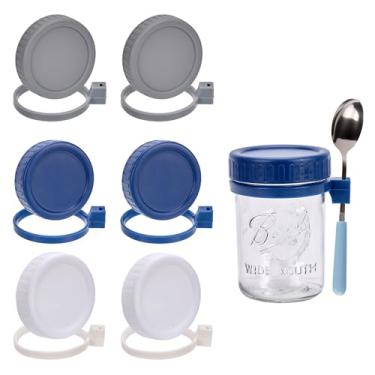Imagem de Pacote com 6 tampas de pote de pedreiro com suporte de colher, tampa de frasco de plástico colorido de boca regular com areia de silicone, tampas reutilizáveis para latas de bola, Kerr e mais potes de