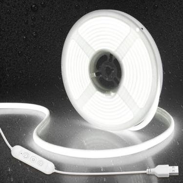 Imagem de Aclorol Fita de luz LED COB 5V 6000K branco frio à prova d'água IP67 regulável de 6 m com temporizador de 8 mm de largura para quarto, cozinha, varanda, trilhos, pérgola, iluminação interna e externa