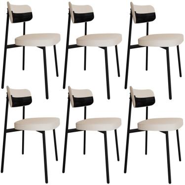 Imagem de Kit 06 Cadeiras Estofada Para Sala de Jantar Astrid Preto C01 Linho Palha Courino Preto - Lyam Decor