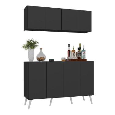 Imagem de Kit Bar Armário Aéreo E Aparador 4 Portas Retrô Multimóveis Mp1086 Preto/branco Preto/branco