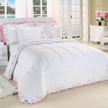 Imagem de Edredom Queen Emozione Percal 200 Fios 100% Algodão Bordado 5 Peças - Branco