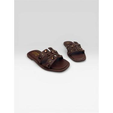 Imagem de Sandália Slide Feminina Com Tachas Decorativas Marrom - LITTZ, Terra, 