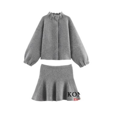 Imagem de Conjunto De Saia Tricotada Para Mulheres No Outono, Jaqueta Com Botões