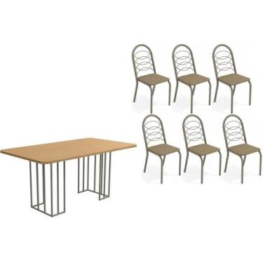 Imagem de Conjunto: Mesa de Cozinha Duina c/ Tampo de Madeira 160cm e 6 Cadeiras