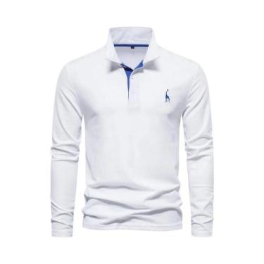 Imagem de Camisas Polo Masculinas Com Bordado De Cervos, Manga Comprida, Cor Sól