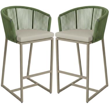 Imagem de 02 Banqueta Noronha Em Alumínio E Corda Náutica Trama Verde Musgo