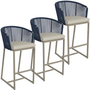 Imagem de 03 Banquetas Noronha Em Alumínio E Corda Náutica Trama Azul Marinho