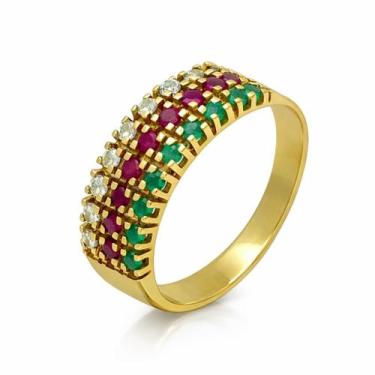 Imagem de Anel em Ouro 18K Meia Aliança Tripla com 9 Diamantes, 9 Esmeraldas e 9