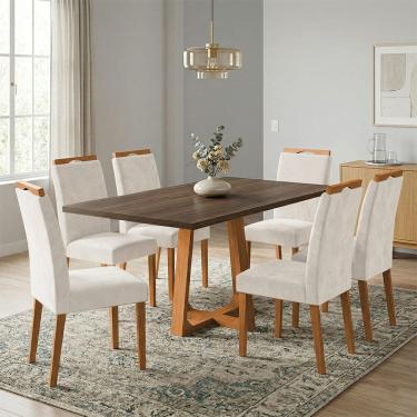 Imagem de Mesa Jantar Julia 1,6m Freijó Pés Cerejeira 6 Cadeiras Heloísa Almofadada - Bege Veludo