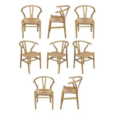 Imagem de Kit 8 Cadeiras de Jantar Wishbone em Madeira com Assento Rattan Bege